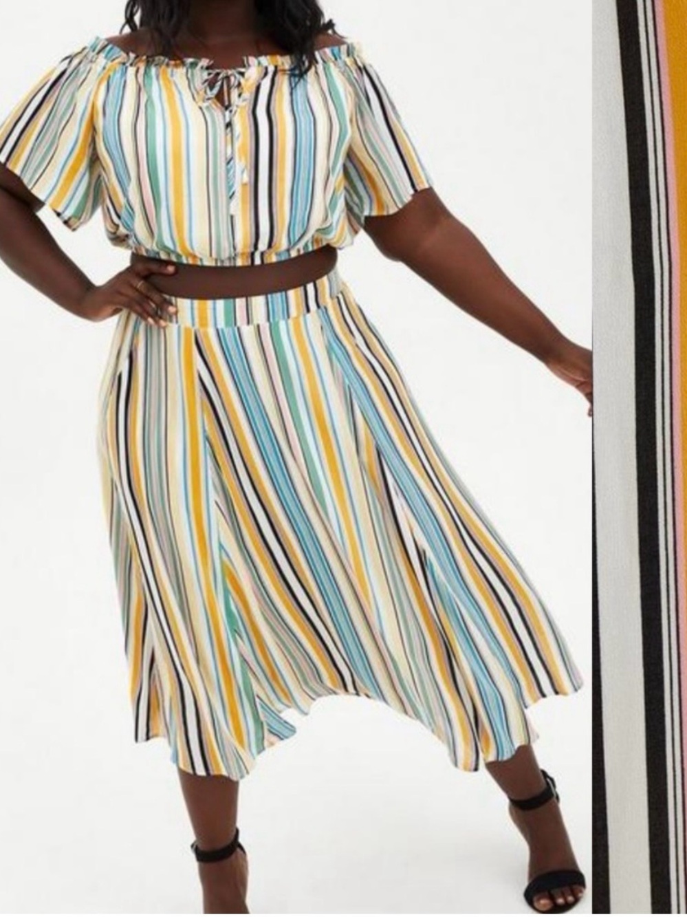 Torrid Multi Stripe Off-Shoulder Gauze Skirt Set Rainbow Boho Ruffle Midi Maxi